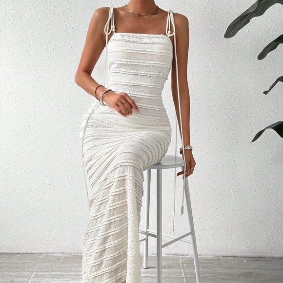 White Boho Womens Knotted Shoulder Cami Bodycon Dress - Picture 3 of 5